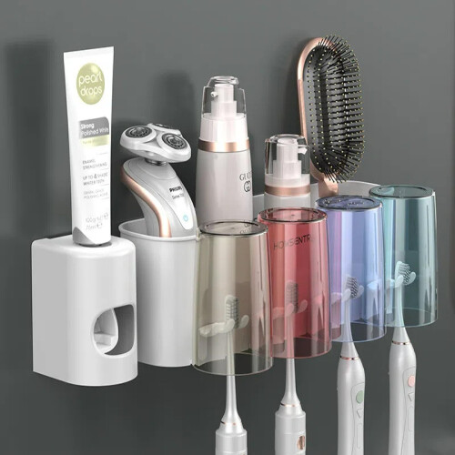 Toothbrush Holder Set with Integrated Toothpaste Squeezer, Wall Mounted FourCup Bathroom Organizer