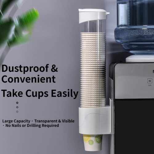 2 Pack Wall Mounted Water Cup Dispenser, NoDrill Automatic Pull Paper Cup Holder for Water Cooler, White 1