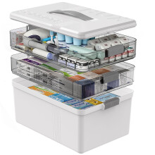 3 Tier Medicine Organizer Box with Handle, Large Capacity First Aid Storage Box with Removable Tray, White