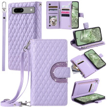 Wallet Case Leather Cover with Zipper Purse, Card Slots and Detachable Crossbody Strap for Google Pixel 8A
