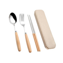 Portable Cutlery Set with Beech Handles, Durable Stainless Steel Travel Utensils with Case for Office Picnic