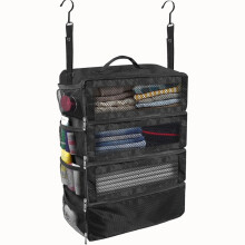 Foldable Hanging Travel Organizer with MultiCompartment Storage and Hooks for Suitcase Closet (Black)