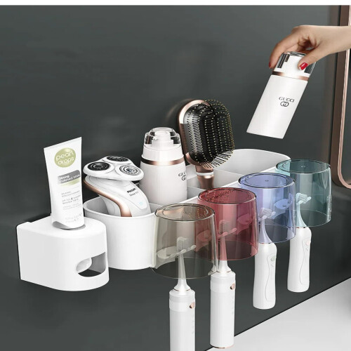 Toothbrush Holder Set with Integrated Toothpaste Squeezer, Wall Mounted FourCup Bathroom Organizer 2