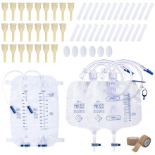 Kit med Extern Kondomkateter för Män: 24 Urinkatetrar, 6 Kateterstabiliseringsanordningar, 4 Påsar, 2 Rulltejp (30 mm)