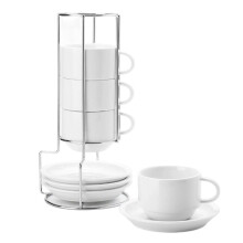 3 Ounce Porcelain Stackable Cappuccino Cups with Saucers and Metal Stand -for Cappuccino, Latte, Americano and Tea 4pcs