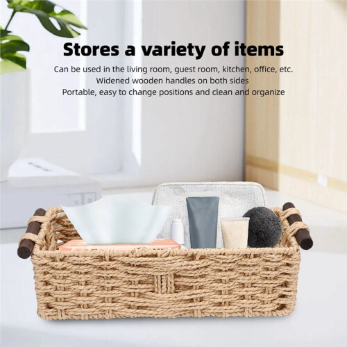 Rectangular Storage Baskets Wicker Style with Wooden Handles Nesting Organiser for Home 2
