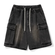 (Black,S)Shorts masculinos de tecido de algodão cinco pés com design de cordão para jovens casuais