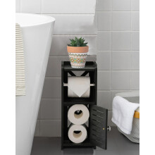 Toilet Paper Holder Stand with Hidden Roll Storage, Slim Waterproof PVC Bathroom Cabinet for Small Spaces, Black