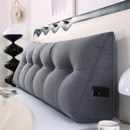 Corduroy Headboard Pillow Grey 150x20x50cm, Triangular Wedge Backrest Cushion for Reading and Sleeping