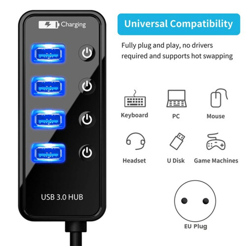 USB HUB 4 Port 3.0  Phone Charger Multi Accessories with Power Adapter for Computer PC Notebook Laptop EU Plug 1