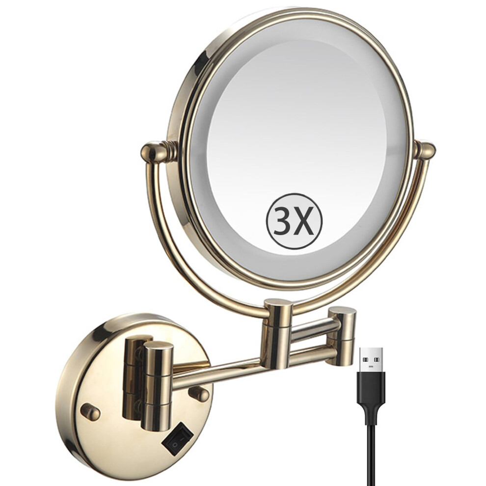 Gold Wall Mounted Makeup Mirror With Lights, Rechargeable Led Double Sided 3X Magnification, 360 Swivel Extendable Vanity Mirror