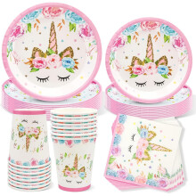 Unicorn Party Supplies Tableware Set for 16 Kids – Pink Unicorn Theme Plates, Cups and Napkins Disposable
