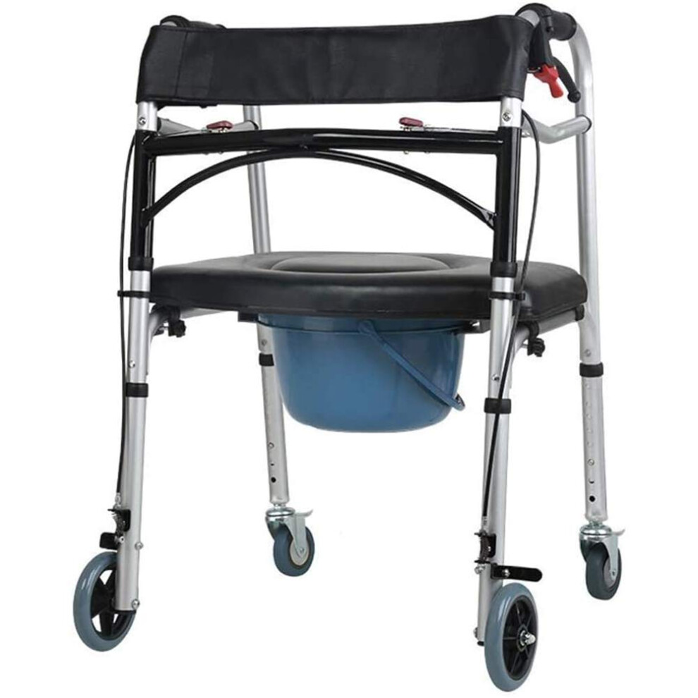 Black Rolling Shower Commode Chair With Wheels, Foldable Adjustable Height Toilet Seat For Seniors,