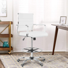 Ergonomic Drafting Chair with Foot Ring, Tall Adjustable Swivel Office Stool with MidBack Support, White PU Leather