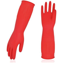 38cm Long Sleeve Dishwashing Gloves Red S, Reusable Waterproof Rubber Cleaning Gloves with Anti‑Slip Palm