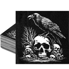 120Pcs Halloween Paper Napkins Vintage Skull and Crow Design Black White Disposable Guest Towels for Party
