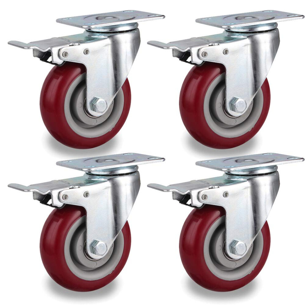 4X Heavy Duty Casters With Brake, Polyurethane Swivel Wheels 360 Smooth Silent Rotation, 360Kg Load Red 9771547822677