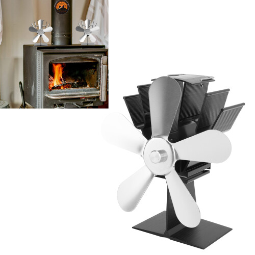5 Blades Heat Powered Stove Fan, Silver Vertical