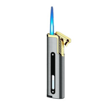 Windproof Butane Lighter with Visible Fuel Window, Refillable Jet Flame Metal Lighter for Camping Silver