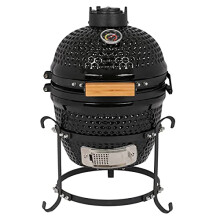 13 inch Ceramic Charcoal Grill with Builtin Temperature Gauge, Tabletop Outdoor BBQ Smoker for Patio Backyard (Black)
