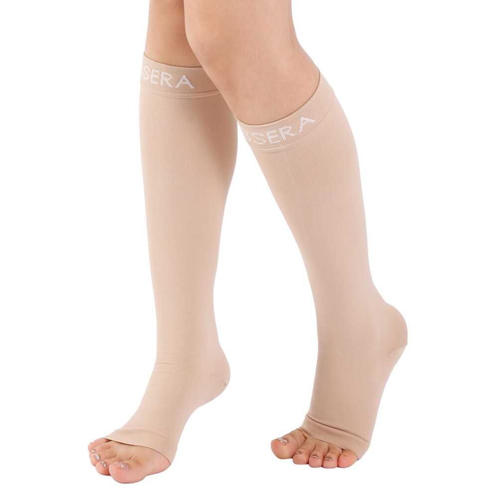 Beige 2030 Mmhg Open Toe Compression Socks For Women And Men, Graduated Support For Circulation