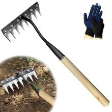 Garden Hand Rake Manganese Steel RustProof Weed Removal Tool with Ergonomic Wooden Handle for Lawn