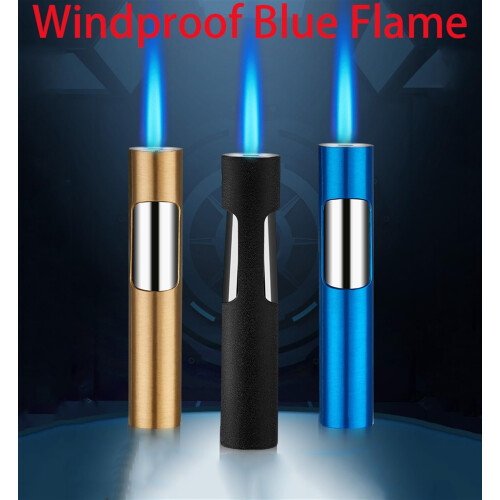 Windproof Butane Lighter Blue Flame Refillable Metal Torch with Adjustable Flame for Camping BBQ 1
