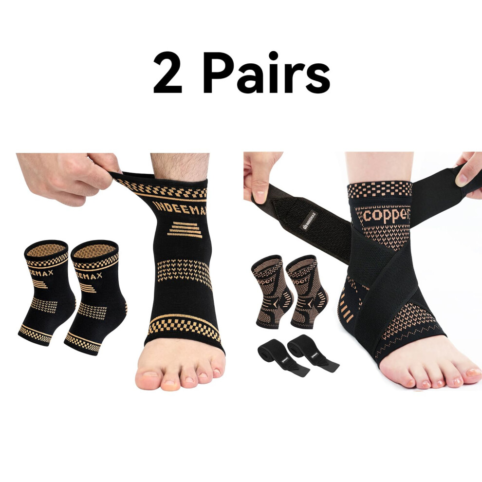Black 2 Pairs Copper Infused Ankle Brace For Sprained Ankle Support For Achilles Tendonitis, M Copper