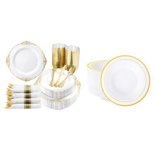 Plastic Plates and Bowls Set with Elegant Gold Rim for Weddings, Parties, Catering, and Everyday Use