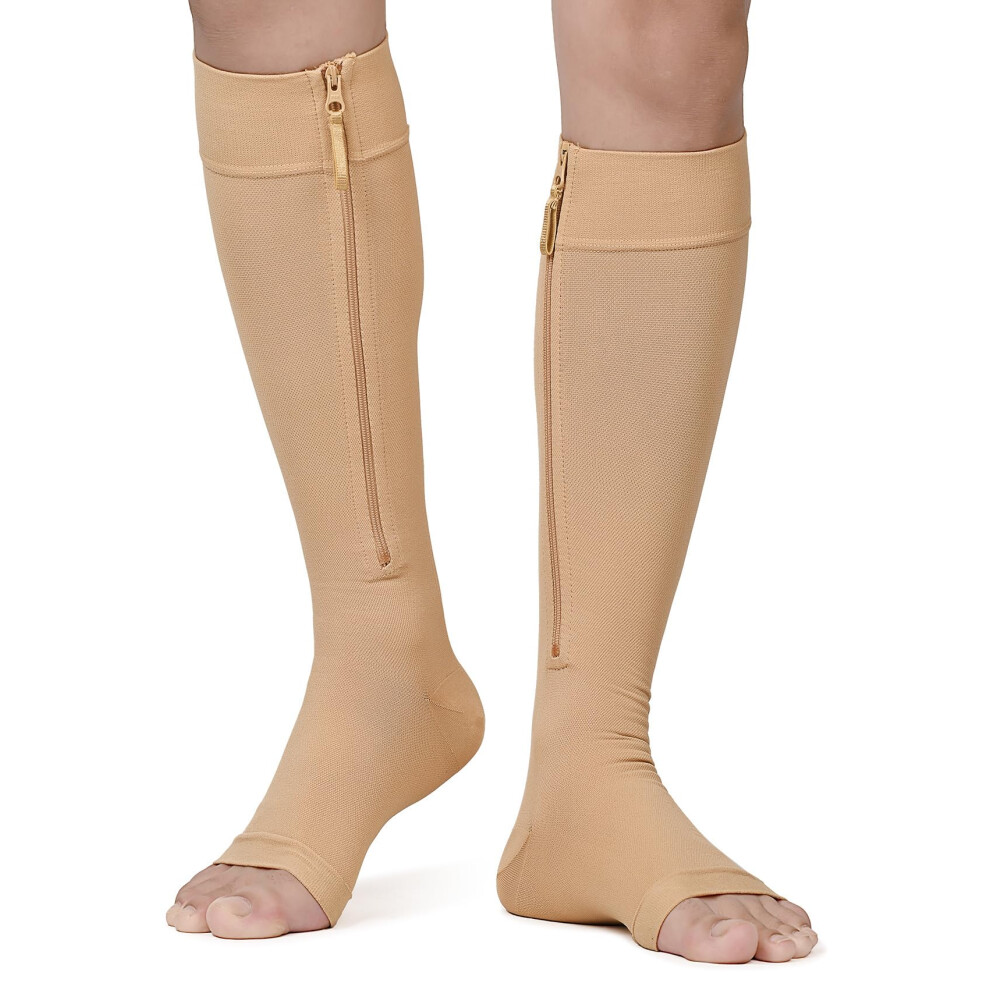 Beige Copper Infused Zipper Compression Socks 5XL Wide Calf 2030 Mmhg Knee For Varicose Veins And Swelling Relief