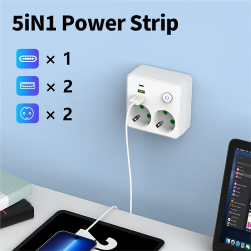 Wall Socket Power Strip Extender with 2 AC Outlets 2 USB  1 Type-C Charger Electrical  for Home EU Plug 1