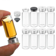 (10ml, 50PCS) 3ml 5ml 10ml 20ml Clear Sample Glass Vials with Plastic-Aluminum Flip Caps and Silicone Stoppers,Sealed Glass Vials