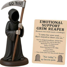 (B) Emotional Support Grim Reaper, Hand-Painted Resin Gothic Grim Reaper Statue Holding Coffee & Cat with Emotional Support Card
