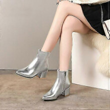 (44, Silver) Autumn Winter Glitter Square Heel Pointed Low-top Women Boots-Good