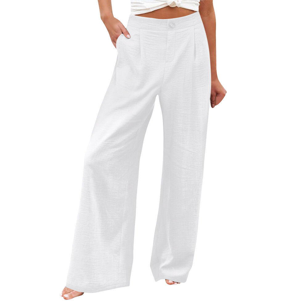 White Women's Cotton And Linen Casual Straight Wide-Leg- Xxl