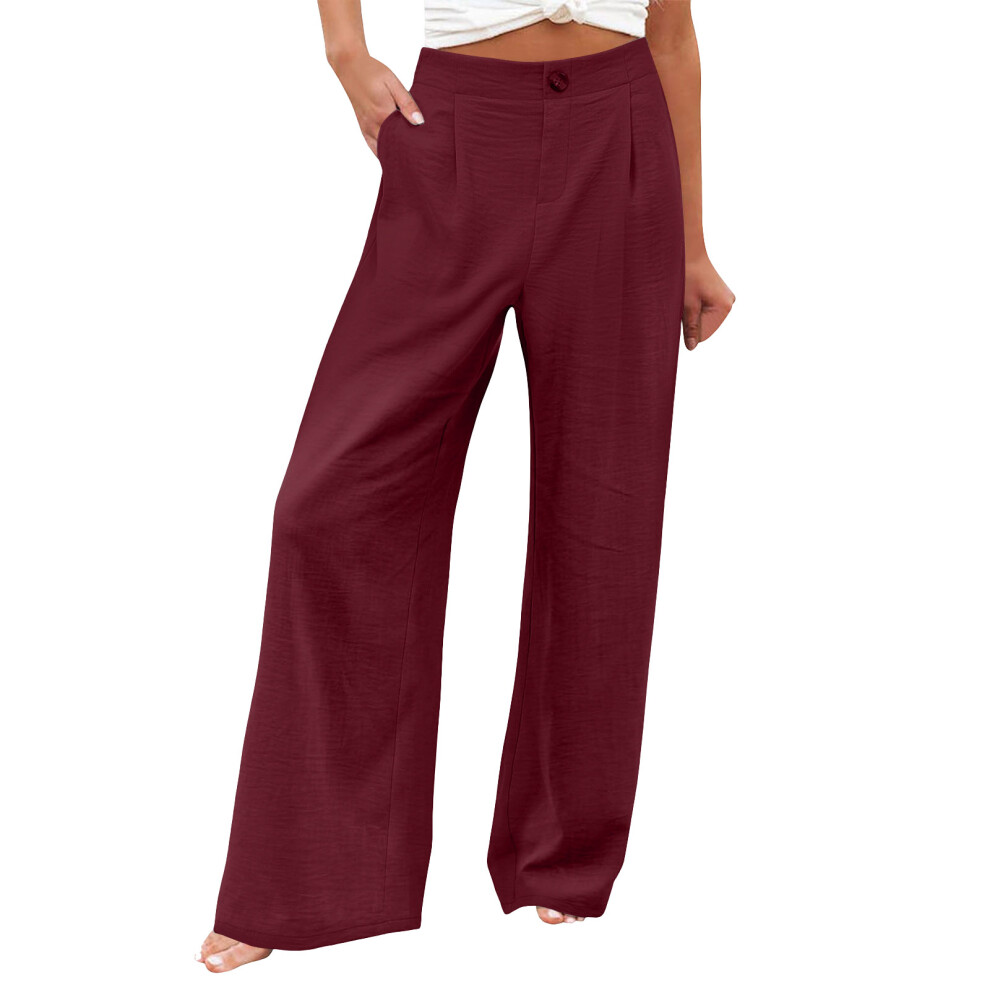 Women's cotton and linen casual straight wide-leg-Burgundy XL
