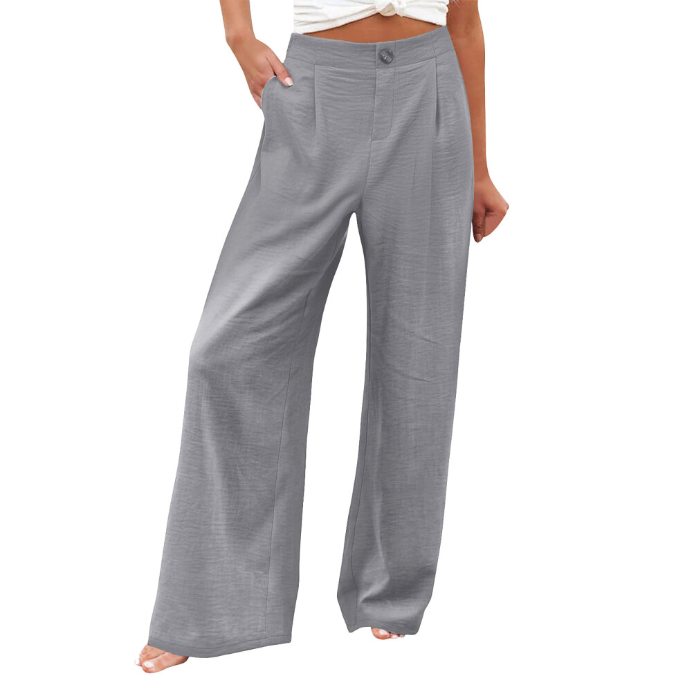 Gray Women's Cotton And Linen Casual Straight Wide-Leg- Xxl