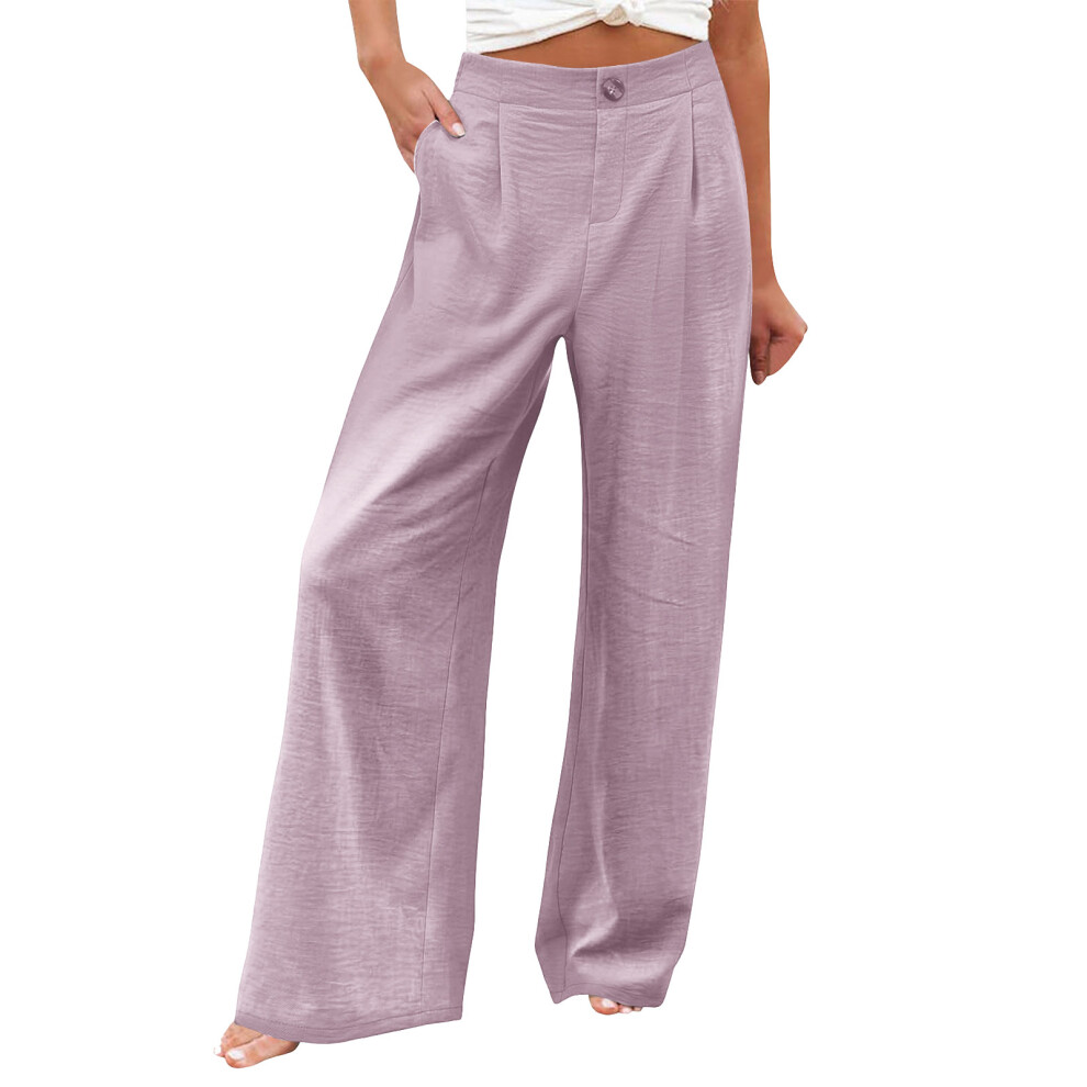 Pink Women's Cotton And Linen Casual Straight Wide-Leg- Xxl