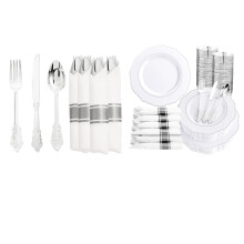 Disposable Silverware Set with Heavy Duty Silver Plastic Plates and Pre Rolled Napkins for 50 Guests