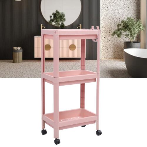 Pink 3-Tier Plastic Floor Shelf with Wheels 2
