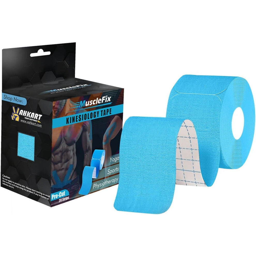 Blue Precut Kinesiology Tape For Pain Relief And Muscle Support, Elastic Cotton Water Resistant Athletic Tape 20 Strips