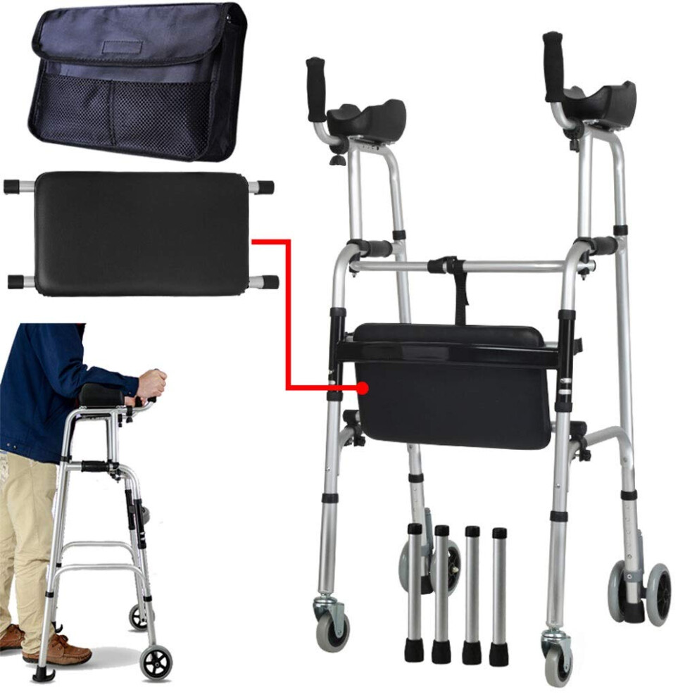 Foldable Walker for Seniors with Wheels and Armrest, Adjustable Height Aluminum Walking Aid for Elderly Mobility and Rehab
