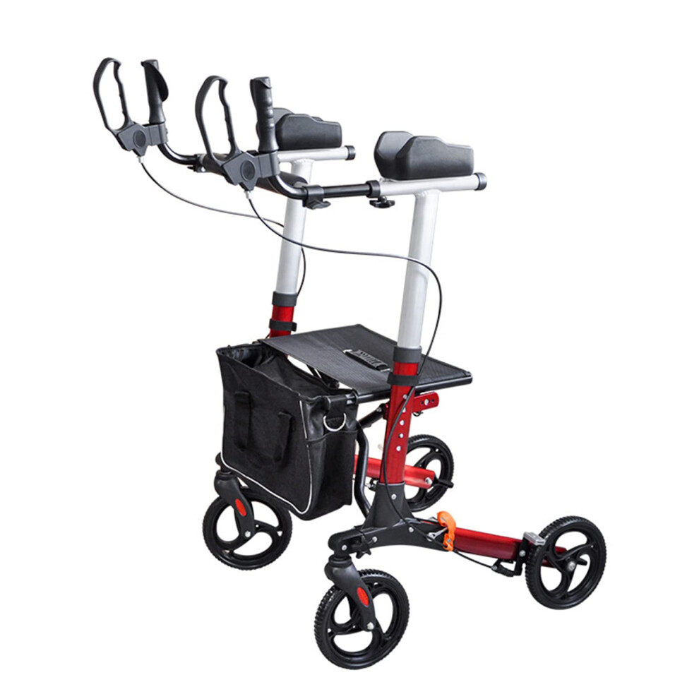 Red Upright Walker For Seniors With Adjustable Height, Padded Armrest Support And Seat, Folding 4Wheel Rollator For Elderly,