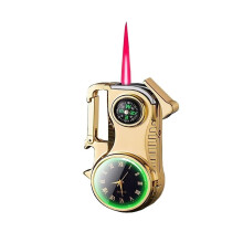 Butane Torch Lighter Gold Windproof Refillable Adjustable Flame Zinc Alloy with Compass and Clock Dial for Camping