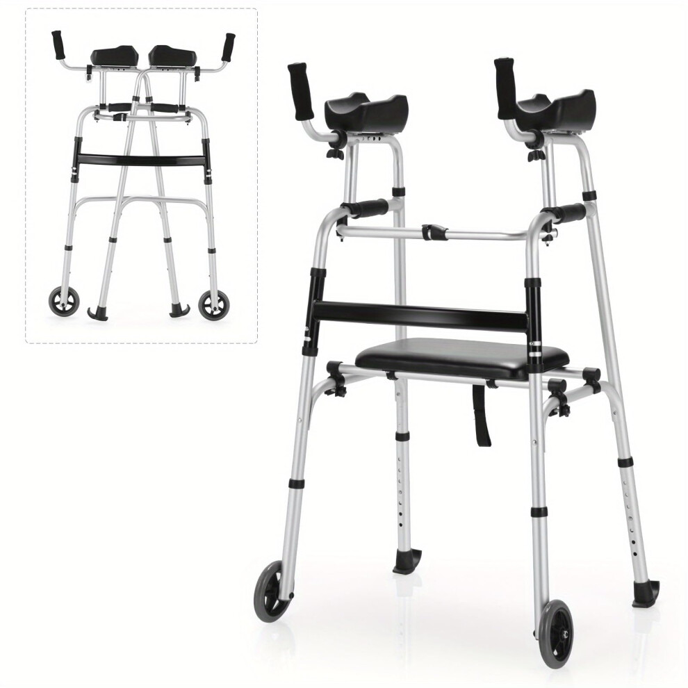 Folding Walker for Seniors with Seat and Armrest, Adjustable Aluminum Alloy Frame with Wheels for Elderly Mobility Aid