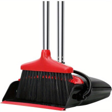 Broom and Dustpan Set with Adjustable Long Handle, SelfCleaning Teeth for Home Kitchen Floor Cleaning, Red