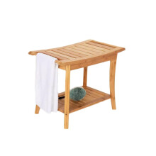 Wood Shower Stool Waterproof NonSlip Bamboo Bathroom Bench with Handles and Dual Storage Shelf
