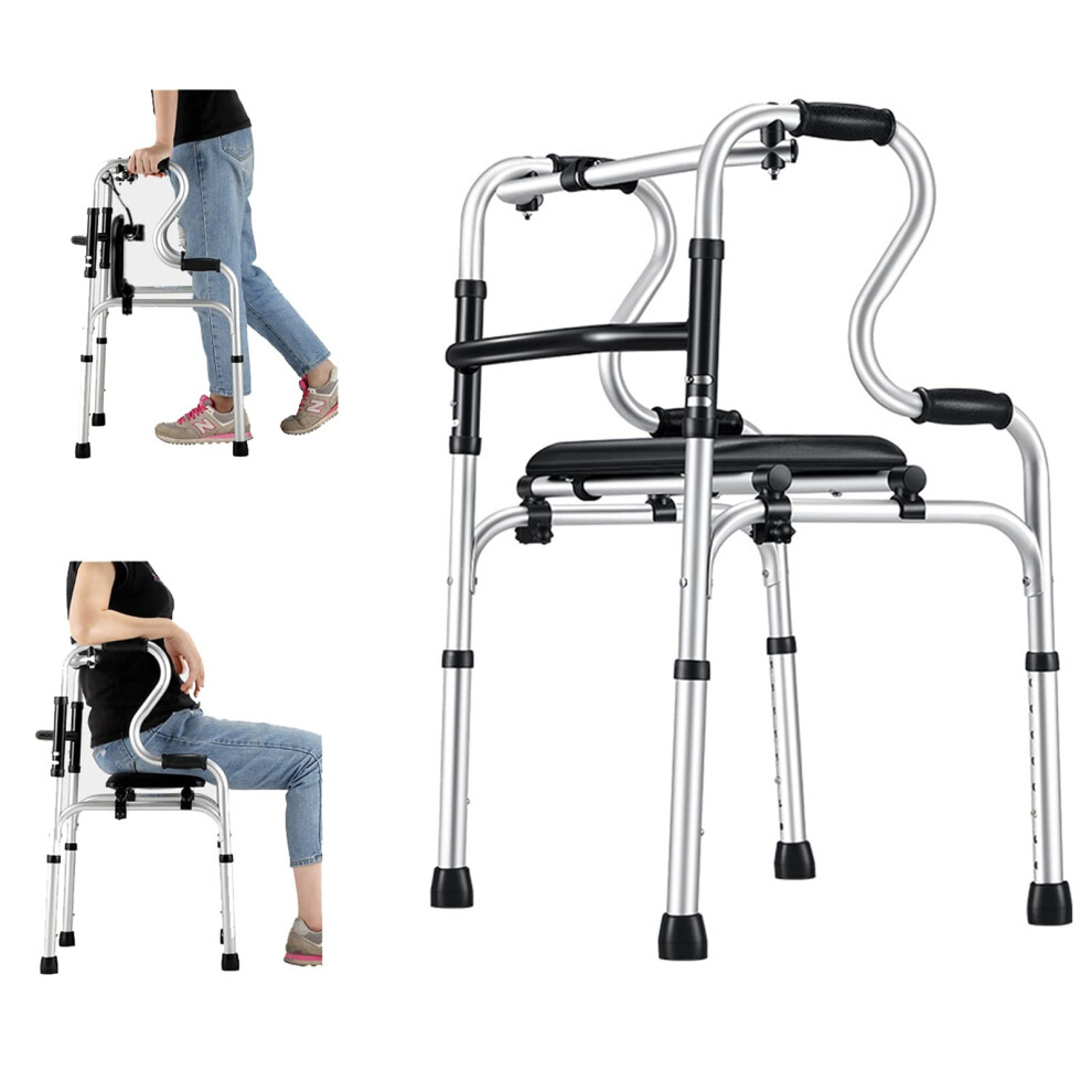 Folding Walker for Seniors, Adjustable Aluminum Walking Aid with Seat, Lightweight Foldable Frame