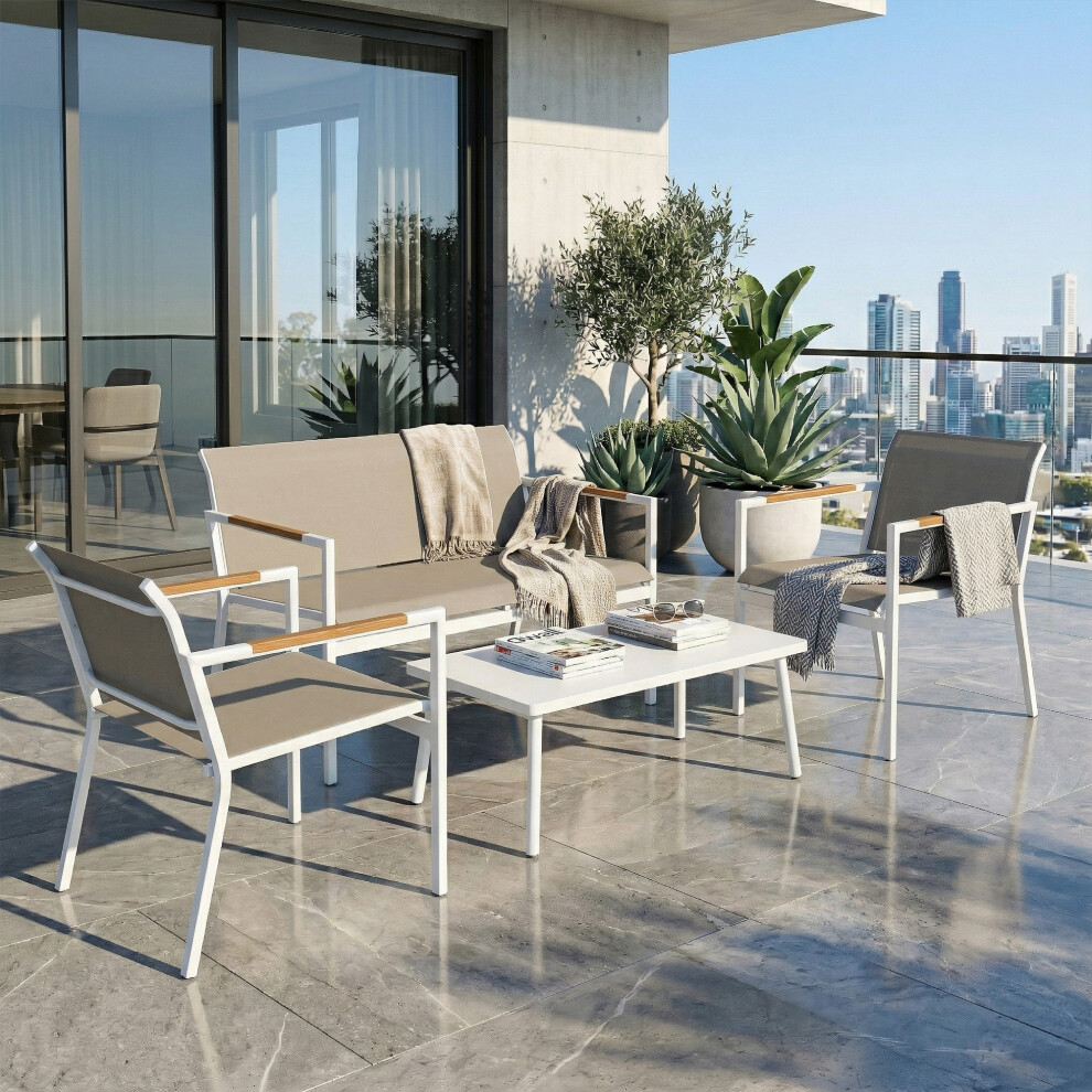 Outsunny 4 Seater Garden Furniture Set, Metal Garden Sofa Set, Khaki
