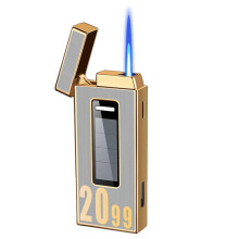 Windproof Butane Lighter with Touch Sensor Ignition, Turbo Blue Flame, Visible Fuel Window, Metal Rechargeable Gift for Men